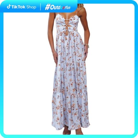 Women's Summer Long Cami Dress Sleeveless Open Back Flower Print Hollow Out Beach Casual Dress Check Womenswear Floral Light