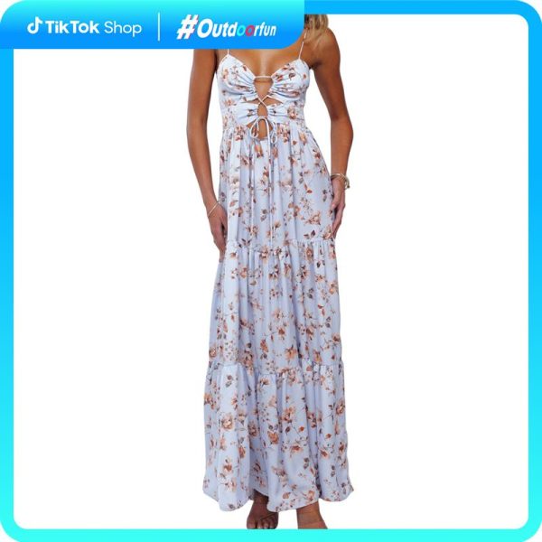 Women's Summer Long Cami Dress Sleeveless Open Back Flower Print Hollow Out Beach Casual Dress Check Womenswear Floral Light