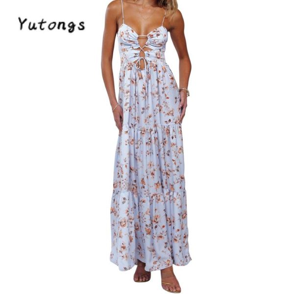 Women's Summer Long Cami Dress Sleeveless Open Back Flower Print Hollow Out Beach Casual Dress Check Womenswear Floral Light