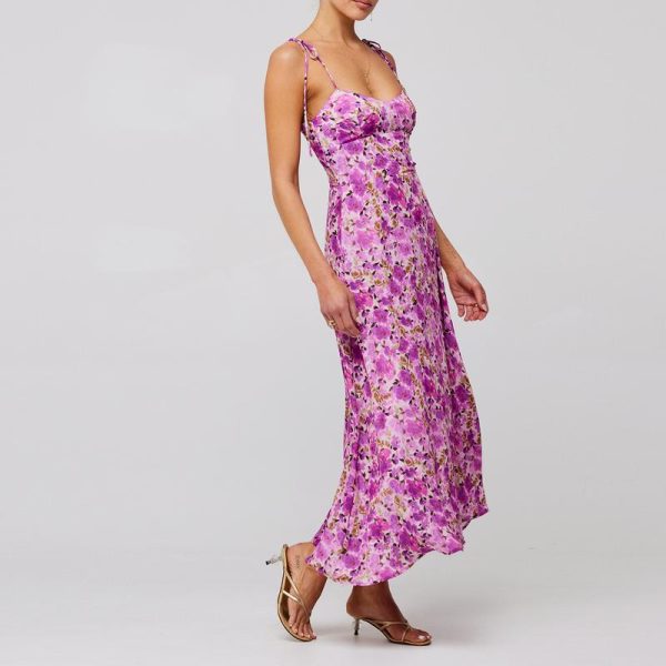 Women's Summer Long Cami Dress Sleeveless Open Back Flower Print Hollow Out Beach Casual Dress Check Womenswear Floral Light