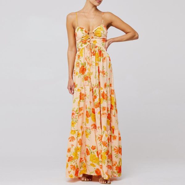 Women's Summer Long Cami Dress Sleeveless Open Back Flower Print Hollow Out Beach Casual Dress Check Womenswear Floral Light