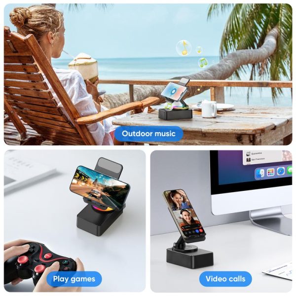 Wireless Audio Bluetooth Speaker with Emergency charging, 5in1 Phone Holder Power Bank with Colorful Ambient Light for Tablet iPhone Android