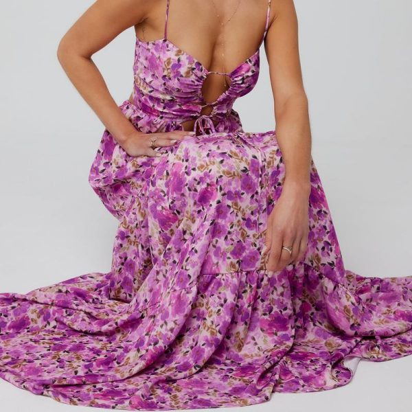 Women's Summer Long Cami Dress Sleeveless Open Back Flower Print Hollow Out Beach Casual Dress Check Womenswear Floral Light