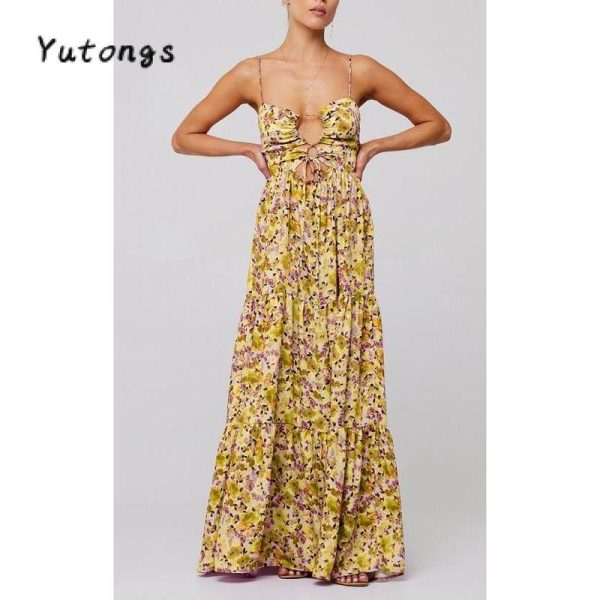 Women's Summer Long Cami Dress Sleeveless Open Back Flower Print Hollow Out Beach Casual Dress Check Womenswear Floral Light