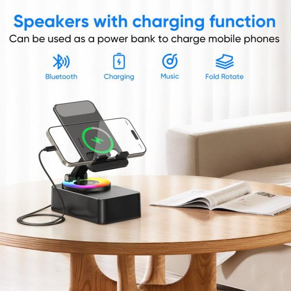 Wireless Audio Bluetooth Speaker with Emergency charging, 5in1 Phone Holder Power Bank with Colorful Ambient Light for Tablet iPhone Android