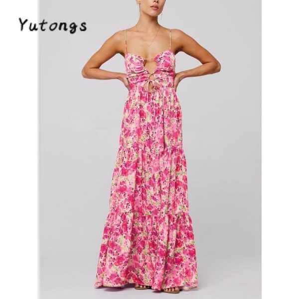 Women's Summer Long Cami Dress Sleeveless Open Back Flower Print Hollow Out Beach Casual Dress Check Womenswear Floral Light