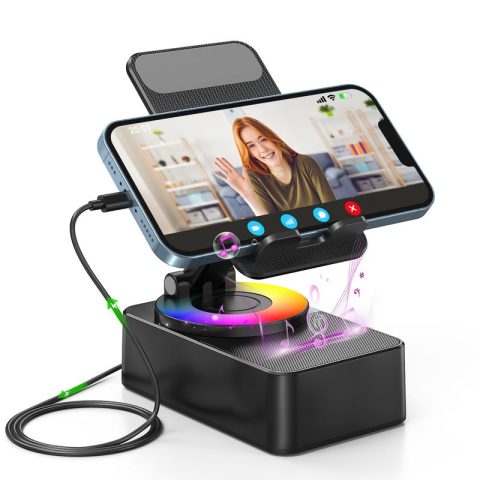 Wireless Audio Bluetooth Speaker with Emergency charging, 5in1 Phone Holder Power Bank with Colorful Ambient Light for Tablet iPhone Android