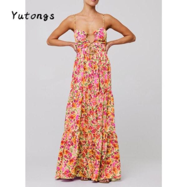 Women's Summer Long Cami Dress Sleeveless Open Back Flower Print Hollow Out Beach Casual Dress Check Womenswear Floral Light