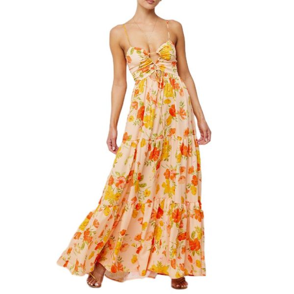 Women's Summer Long Cami Dress Sleeveless Open Back Flower Print Hollow Out Beach Casual Dress Check Womenswear Floral Light