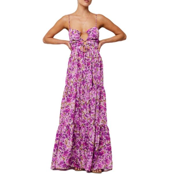 Women's Summer Long Cami Dress Sleeveless Open Back Flower Print Hollow Out Beach Casual Dress Check Womenswear Floral Light