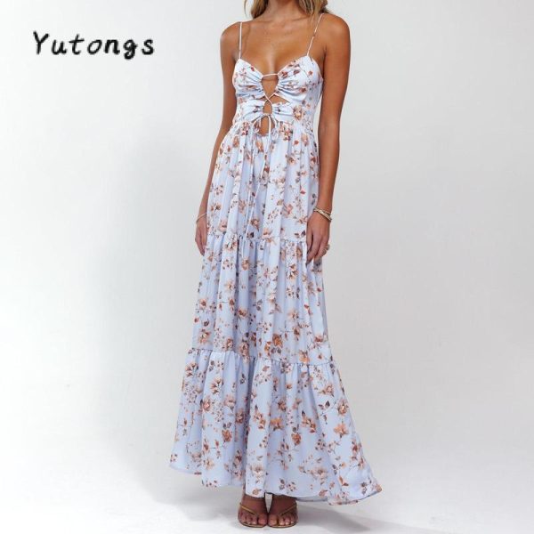 Women's Summer Long Cami Dress Sleeveless Open Back Flower Print Hollow Out Beach Casual Dress Check Womenswear Floral Light