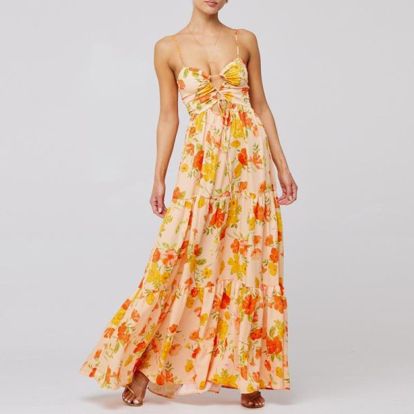 Women's Summer Long Cami Dress Sleeveless Open Back Flower Print Hollow Out Beach Casual Dress Check Womenswear Floral Light