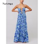 Women's Summer Long Cami Dress Sleeveless Open Back Flower Print Hollow Out Beach Casual Dress Check Womenswear Floral Light
